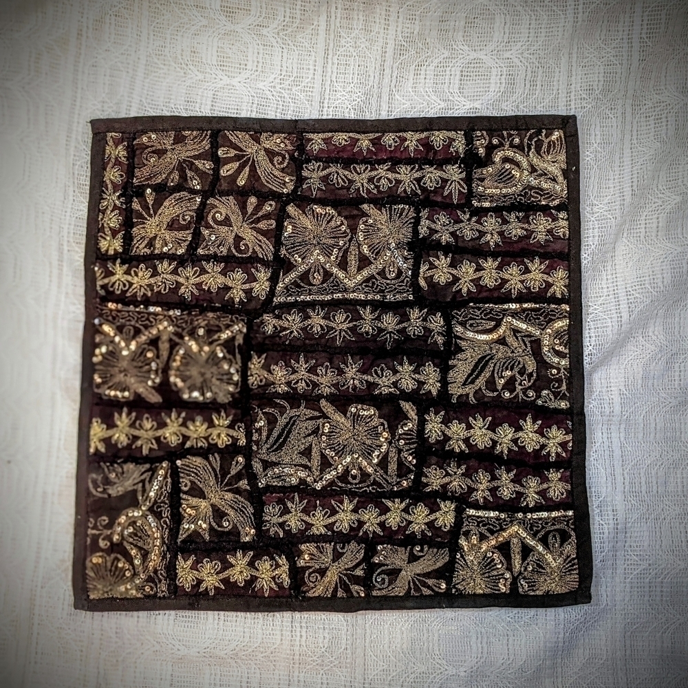 Chocolate with Gold and Silver Sequins Embroidered Pillow Cover